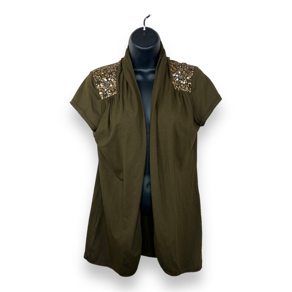 Medium Joyous And Free Brown Beaded Shrug Top Short Sleeve Stretch Open Front